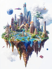 fantasy landscape island city nature futuristic architecture flying island vibrant colors surreal art creative design floating city dreamscape digital art sci-fi elements 