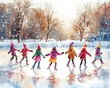 © kazitafahnizeer - Children joyfully ice skating in a snowy winter landscape, surrounded by trees and falling snowflakes, capturing the essence of winter fun.