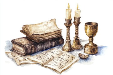 antique book with candle on white