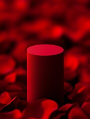 Commercial photography an empty rough red podium surrounded by red rose petals light red rough surface navy blue details soft and romantic atmosphere highcontrast lighting luxurious and elegant feel