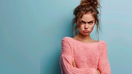 A young woman with an angry expression, wearing a pink sweater against a blue background.