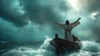 © WD Stock Photos - Jesus standing on a small wooden boat in the Sea of Galilee, arms raised as he calms a violent storm.