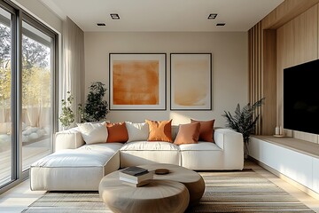 Wall Mural -  Japandi, scandinavain interior design of modern living room. 