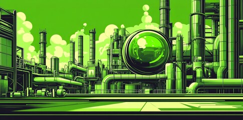 Flowing green cityscape with geometric buildings and pipes.