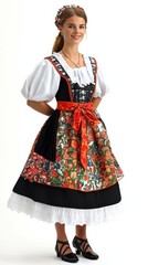 The model elegantly presents stunning Belgian traditional clothing adorned with floral designs