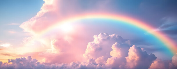 Wall Mural - rainbow with many clouds and sky light pink blue green yellows and purples from the sun,