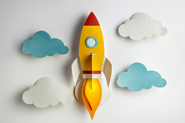 A yellow rocket is flying through the sky above a blue and white cloud. The rocket is made of paper and has a red nose. The scene is whimsical and playful, evoking a sense of wonder and adventure