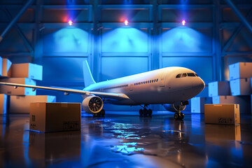 A white airplane is parked in a hangar with boxes around it. Scene is calm and peaceful, as the airplane is not in motion and the boxes are neatly arranged around it