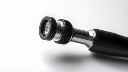 A high-detail stock photo of an otoscope, featuring its lens and handle, set against a white background.