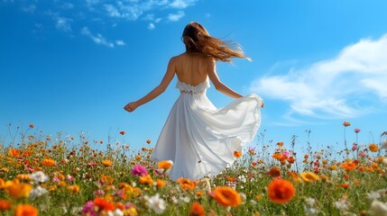 Woman in White Sundress: A woman in a white sundress twirling in a field of flowers, with a bright blue sky above.
