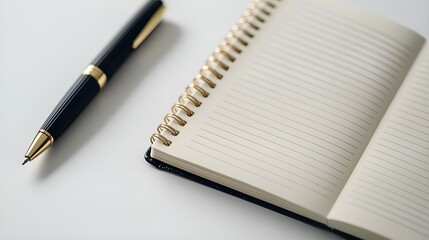 Wall Mural - A detailed close-up shot of a small, vertically oriented notebook with a top-opening design, paired with a sleek ballpoint pen, against a pure white background.