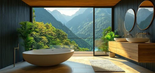 Modern Minimalist Bathroom with Mountain View A large bathtub rests in a sunlit corner overlooking panoramic mountains through a floortoceiling window A wooden counter with two