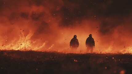 Two Soldiers Silhouetted Against a Fiery Sky, Digital Art, Fire, Silhouette, Soldiers, War ,Firestorm