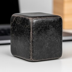 an empty black leather square podium placed on the white glossy table blurred macbook in the backgro