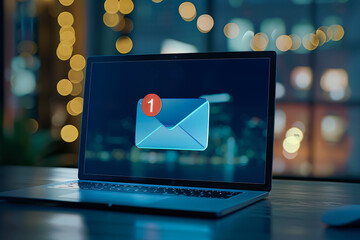 A laptop screen shows two blue envelopes with the word mail on them. Concept of communication and connection, as the envelopes represent the act of sending and receiving messages