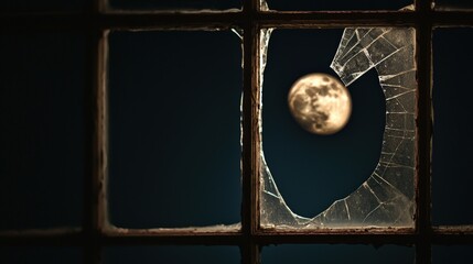 Broken Window with Full Moon at Night