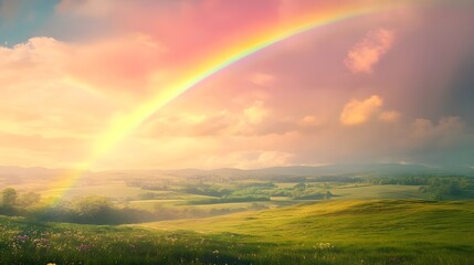 Wall Mural - A dreamy rainbow arches over the scenic, lush countryside fields image