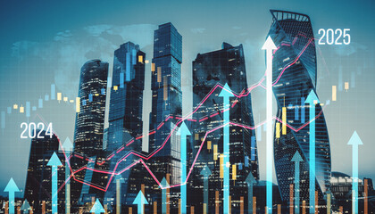 Canvas Print - Creative business chart with growing red arrows on blurry city background. Financial growth, trade and market concept. Double exposure.