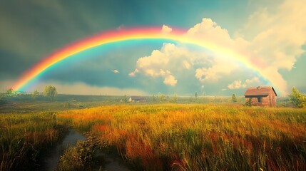 Wall Mural - Beautiful rainbow lighting up the horizon over peaceful countryside image