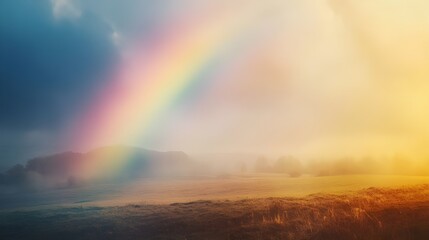 Canvas Print - Dreamy rainbow casting a soft glow over rural countryside landscape picture