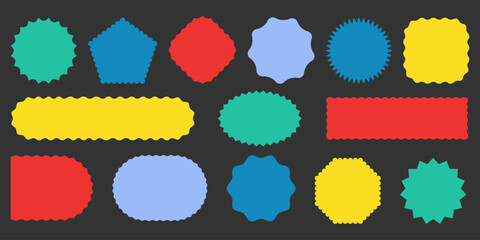 Poster - Various Colorful wavy zigzag edge Geometric shapes. Empty Scalloped frame icon. Rectangle Ellipse Circle Text Box. Simple Modern blank Tag Label Stamp mark Badge element for design