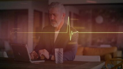Poster - Animation of monitor and data processing over caucasian businessman using laptop