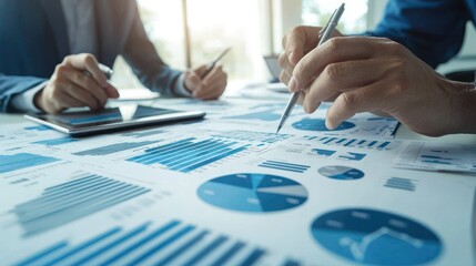  A close-up of a business team working together to discuss work. Analyzing with financial data and graphs of marketing growth reports in the team.