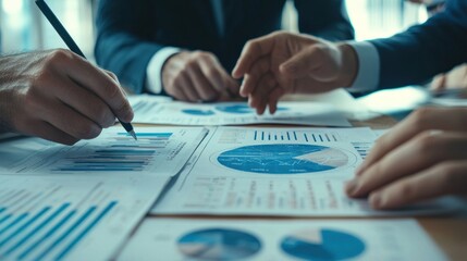  A close-up of a business team working together to discuss work. Analyzing with financial data and graphs of marketing growth reports in the team.