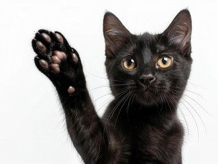 Black cat with one paw raised as if waving, funny and friendly posture, cute and engaging, isolated white background