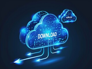 Poster - Futuristic blue glowing digital cloud with 'Download' text and arrow symbols representing data transfer.