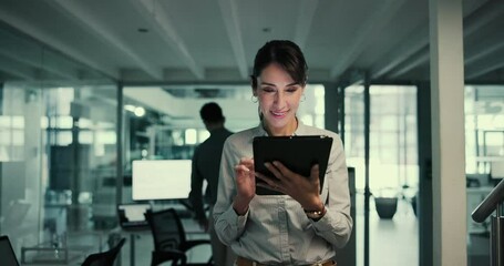 Poster - Walking, tablet and woman in prosthetic lab for medical equipment, robotics and mechanical production. Factory, engineering and person on digital tech for research, internet or artificial limb design