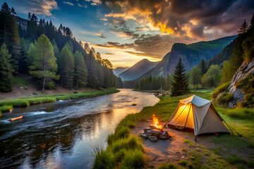 A small tent is set up by a river, with a fire burning nearby. The scene is peaceful and serene, with the sun setting in the background