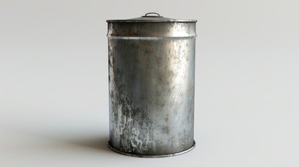 Poster - A metal trash can sits on a white floor, perfect for use in interior design, office settings, or as a prop