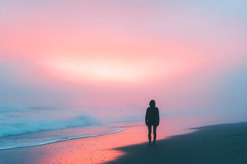 Wall Mural - person standing on a beach at dawn, ready to begin a new day