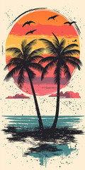 beach with palm trees by the ocean at sunset, yellow, red, pink and purple colors, generative AI