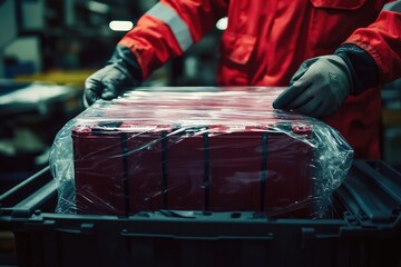 Securing the Power: A worker carefully wraps a car battery in protective film, ensuring safe transport and storage.