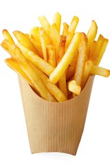 Poster - Freshly cooked french fries served in a paper cup on a clean white background, perfect for food and snack photography