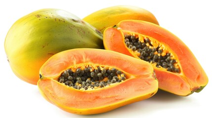 Fresh papayas sliced in two, ideal for fruit arrangements or as a prop in still-life photography