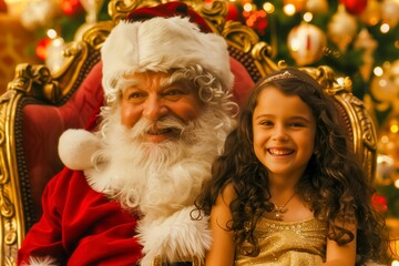 Santa Claus Joyfully Interacts With a Smiling Young Girl During a Festive Holiday Gathering