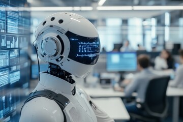 Poster - A futuristic white robot with a glossy finish is seen working efficiently in a slick, high-tech office environment, surrounded by computer screens and busy human coworkers.