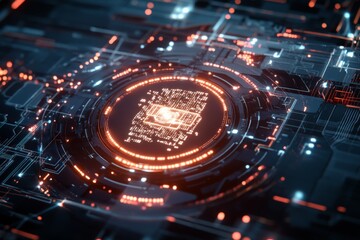 Poster - A high-tech digital interface displaying glowing circuitry, symbolizing advanced technology and futuristic design. Suitable for topics related to innovation and computing.