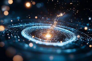 Poster - Abstract digital artwork with glowing particles spiraling around a central point on a dark background, capturing the essence of data flow and cosmic energy.
