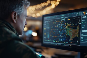 Poster - A man is deeply engrossed in analyzing complex data on multiple computer monitors, set in a dimly lit room with string lights, reflecting the intensity and focus of data analysis.