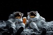 © Odin AI - In this whimsical image, two astronauts in full spacesuits are joyfully toasting with beer glasses while sitting on the Moon, blending elements of space exploration and human celebration.