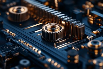 Poster - This image captures a close-up view of golden metallic gears and components placed on a detailed and intricate blue circuit board, highlighting mechanical and technological fusion.