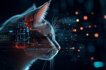 Poster - This captivating image portrays a cat's profile lit softly amidst a backdrop of futuristic circuitry, highlighting the blend of natural life with technological elements.
