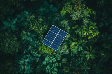 Aerial View of a Solar Panel in a Lush Green Forest