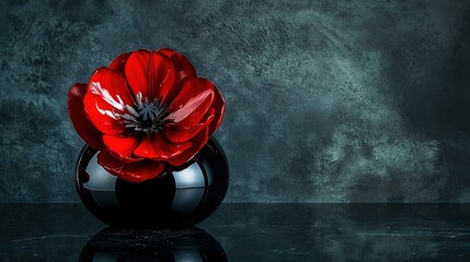 Sticker -  A black vase holds a bright red flower, placed on a black table beside a dark gray-black wall