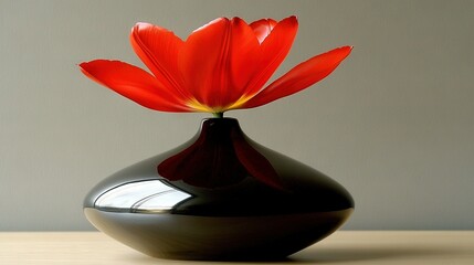 Sticker -   A close-up photo of a vase with a blooming flower on a wooden table against a gray backdrop