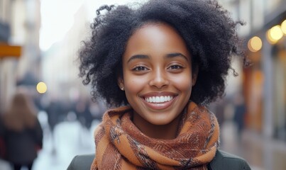 Happy young african american woman smiling in the city. Closeup Portrait of a happy young adult African girl standing on a European city street. African female with perfect white teeth, Generative AI